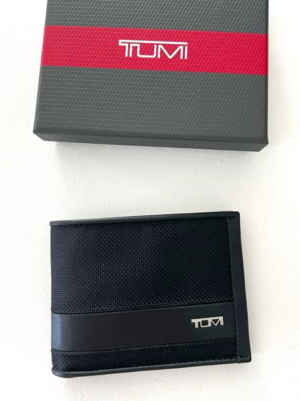 TUMI Alpha SLG Double Billfold Wallet in Black Embossed Monogram EGJ New